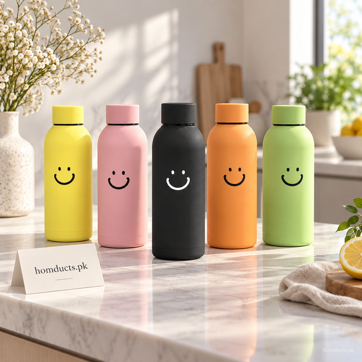 Smiley glass water bottle in assorted bright colors