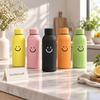 Smiley glass water bottle in assorted bright colors