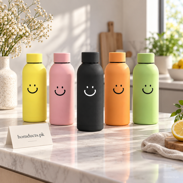 Smiley glass water bottle in assorted bright colors