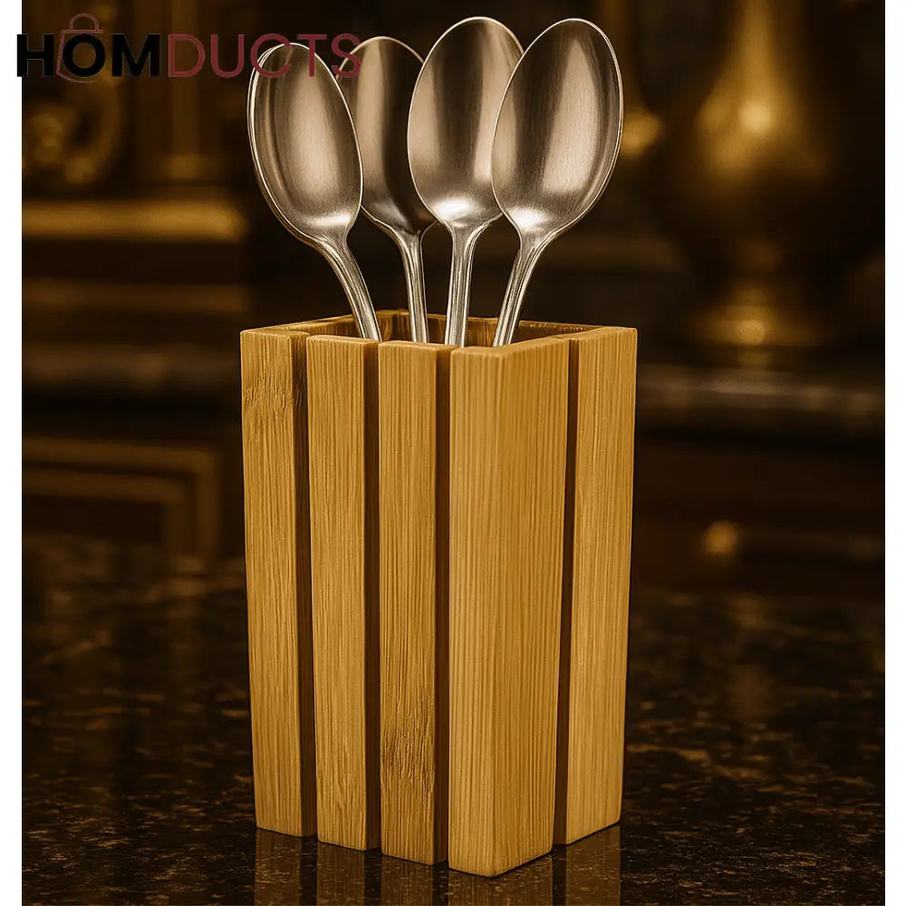 Natural Bamboo Spoon Holder – Elegant Utensil Organizer for Kitchen Counters