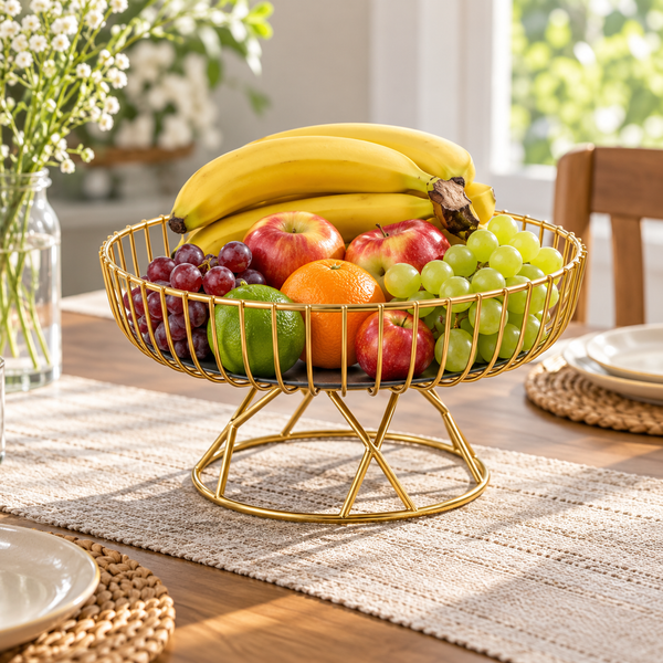 Elevated gold metal fruit basket
