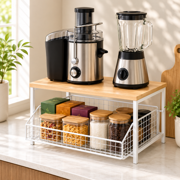 Pull-out basket kitchen appliance rack and countertop organizer