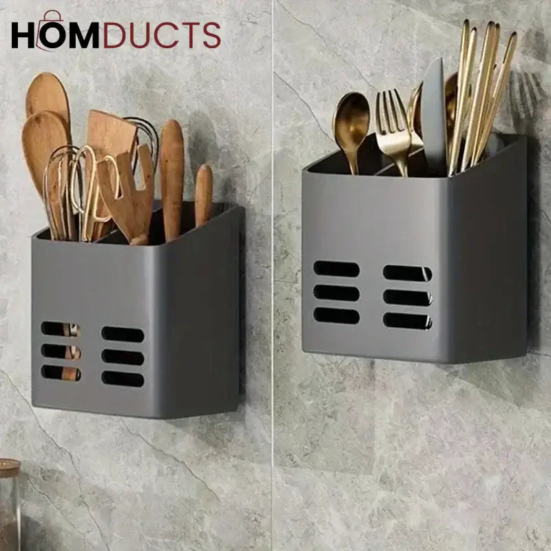 WALL-MOUNTED CUTLERY RACK – NO-DRILL SPACE-SAVING WITH DRAINING BASKET