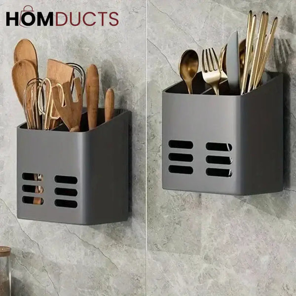 WALL-MOUNTED CUTLERY RACK – NO-DRILL SPACE-SAVING WITH DRAINING BASKET