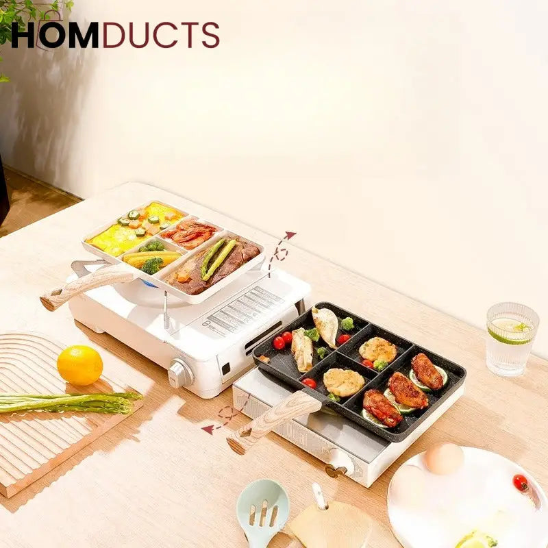 Non Stick 4 Section Divided Grill Frying Pan – Multi Compartment Skillet for Cooking Meat Dumplings & Vegetables