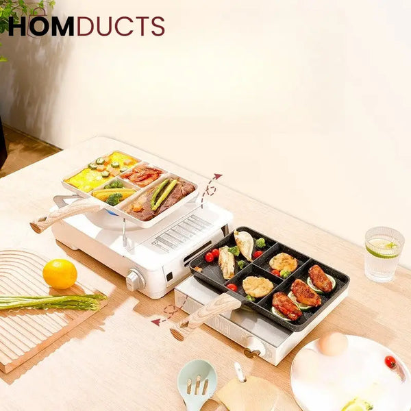 Non Stick 4 Section Divided Grill Frying Pan – Multi Compartment Skillet for Cooking Meat Dumplings & Vegetables
