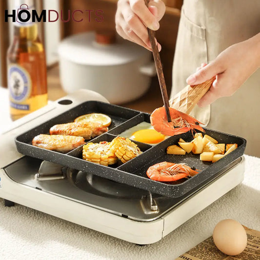 Non Stick 4 Section Divided Grill Frying Pan – Multi Compartment Skillet for Cooking Meat Dumplings & Vegetables