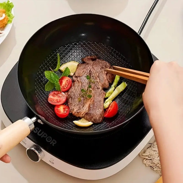 Non-Stick Carbon Steel Wok Pan Stir Fry Pan with Wooden Handle for Gas & Induction Cooktops