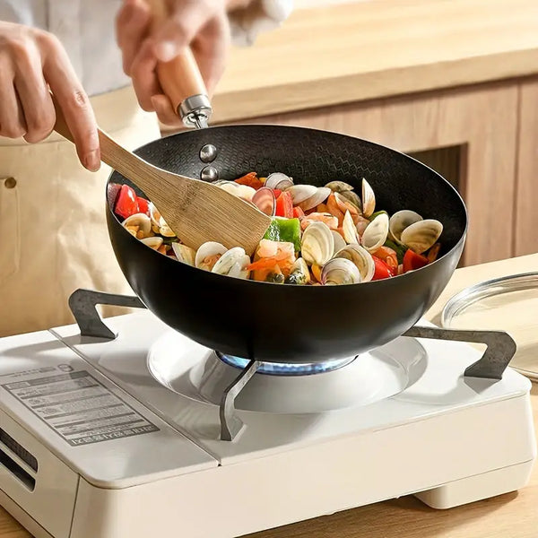 Non-Stick Carbon Steel Wok Pan Stir Fry Pan with Wooden Handle for Gas & Induction Cooktops