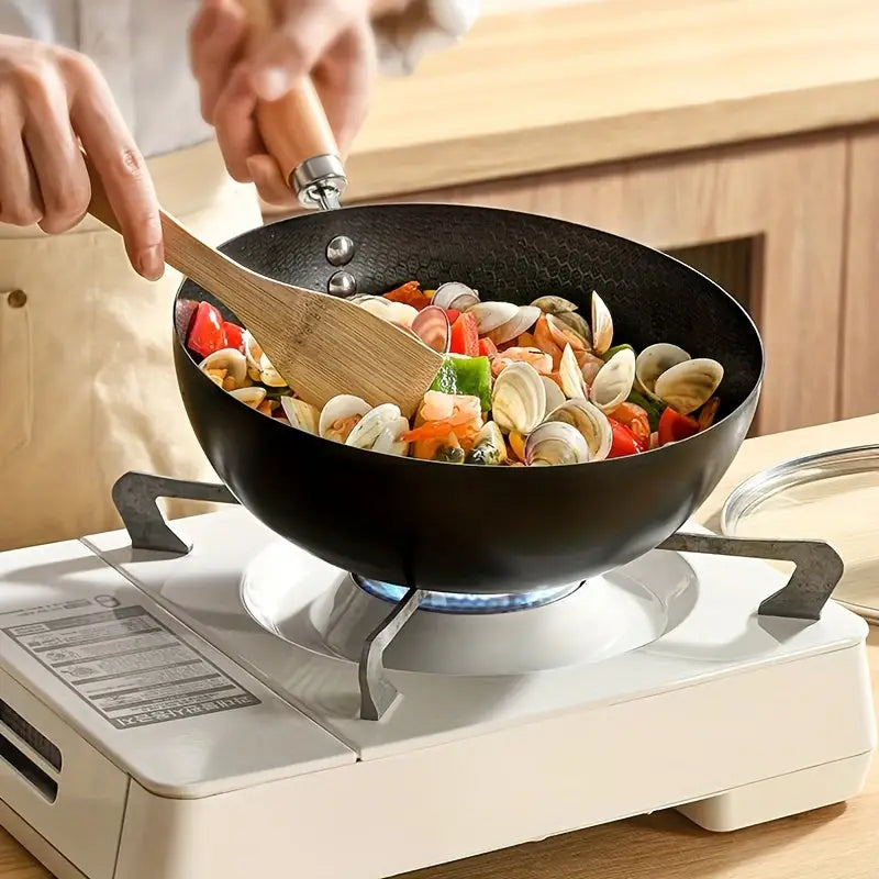 Non-Stick Carbon Steel Wok Pan Stir Fry Pan with Wooden Handle for Gas & Induction Cooktops