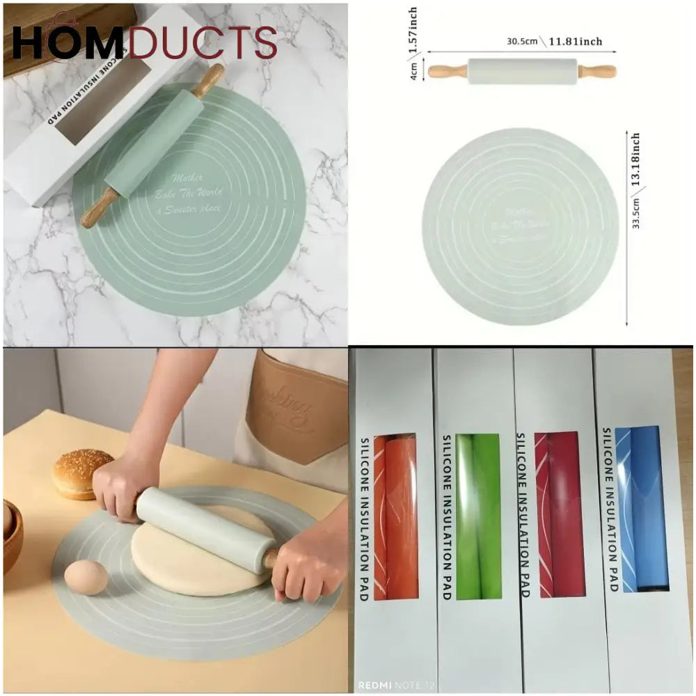 Non-Stick Silicone Dough Rolling Mat with Rolling Pin – Heat-Resistant Insulation Pad for Baking & Pastry Prep