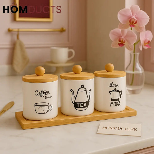 Nordic Ceramic Tea Coffee & Moka Jar Set with Wooden Lids – 3 Pcs Storage Collection