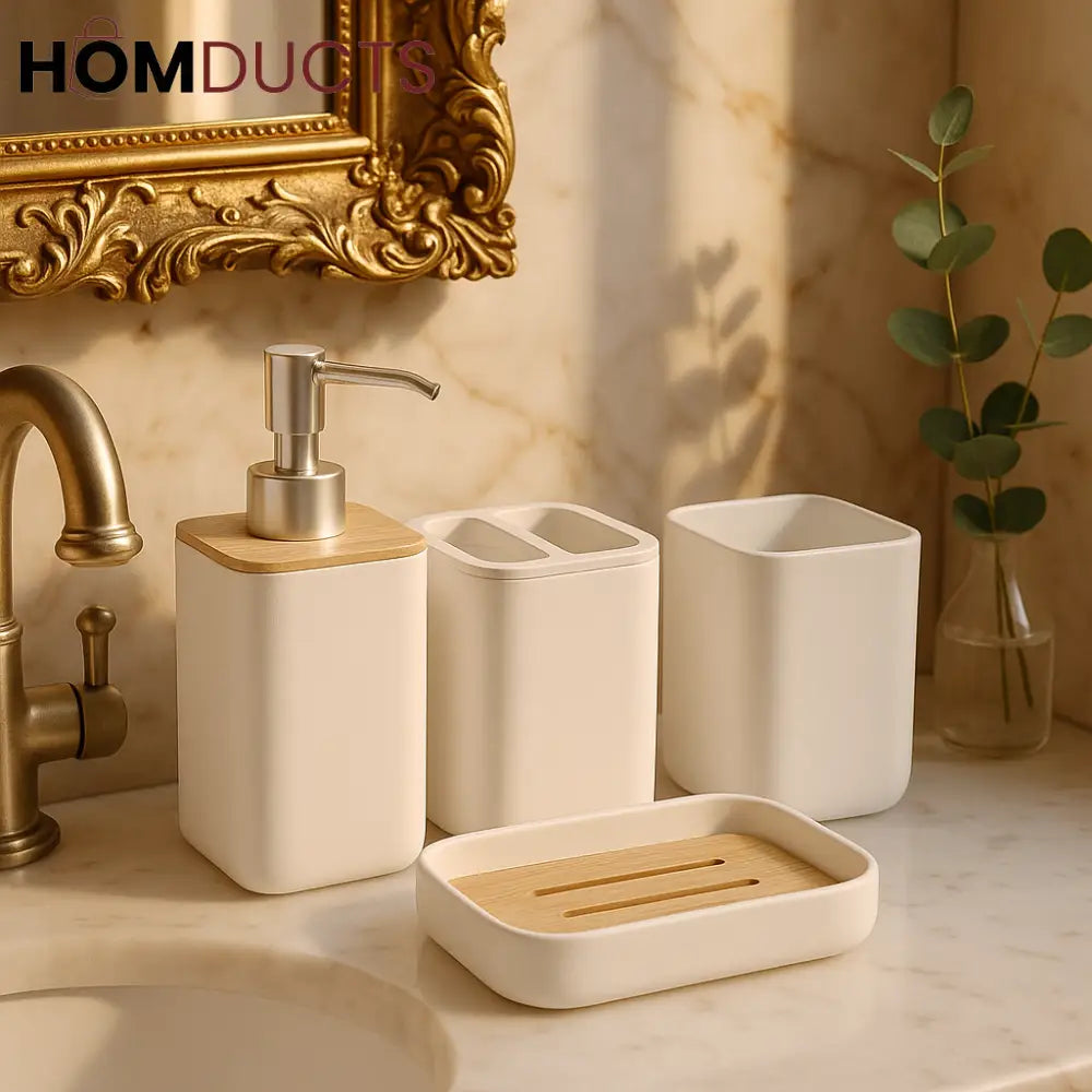 Nordic Luxe 4-Piece White Bathroom Accessory Set with Bamboo Accents