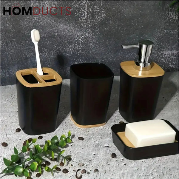 Nordic Luxe 4-Piece White Bathroom Accessory Set with Bamboo Accents