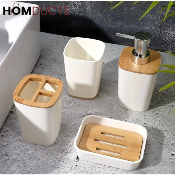 Nordic Luxe 4-Piece White Bathroom Accessory Set with Bamboo Accents