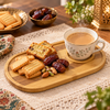 Oblong bamboo serving board with cup holder for chai and biscuits
