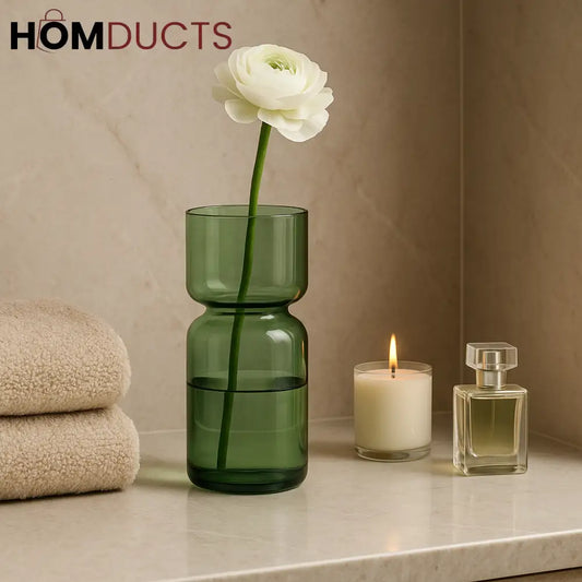 Olive Green Hourglass Glass Vase – Modern Decorative Flower Holder