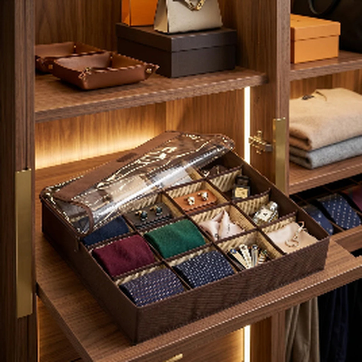 Covered accessory organizer in wardrobe