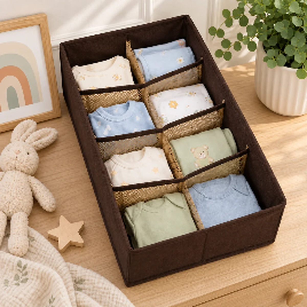 Brown 4-grid fabric organizer for baby clothes