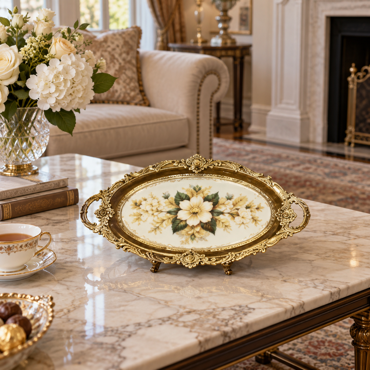 Ornate floral oval serving tray