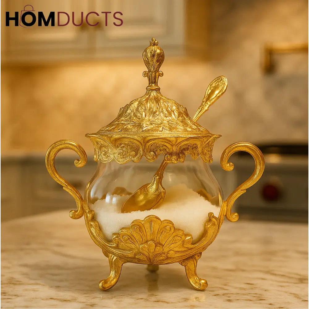 Ornate Gold Glass Dessert & Sugar Jar with Lid – Luxury Serving Bowl