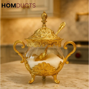 Ornate Gold Glass Dessert & Sugar Jar with Lid – Luxury Serving Bowl