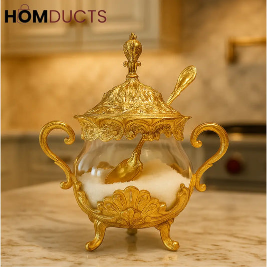 Ornate Gold Glass Dessert & Sugar Jar with Lid – Luxury Serving Bowl