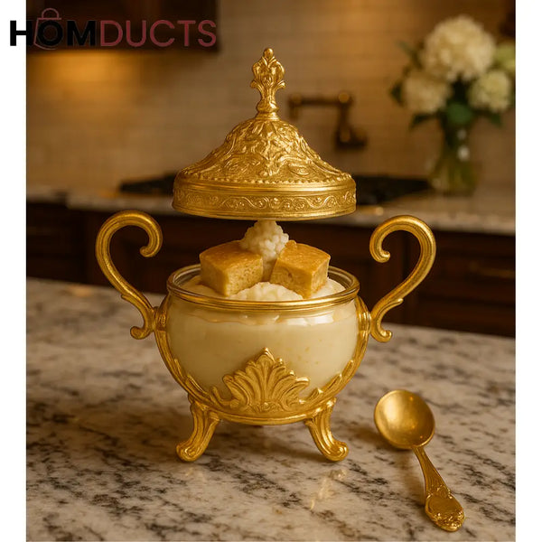 Ornate Gold Glass Dessert & Sugar Jar with Lid – Luxury Serving Bowl