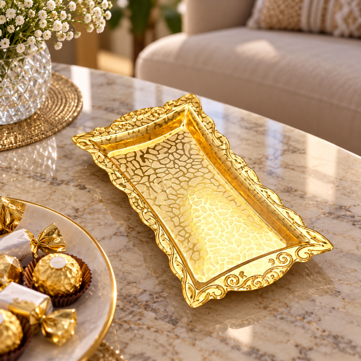 Ornate gold rectangular pebble pattern tray