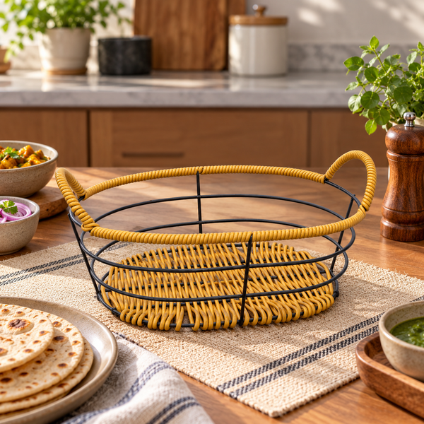 Oval Cane-Style Roti Serving Basket styled in a premium kitchen setting