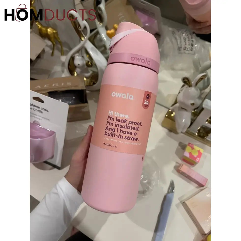 Owala 40 oz Stainless Steel Insulated Water Bottle with Built-In Straw – Leak-Proof & BPA-Free – Pastel Pink & White