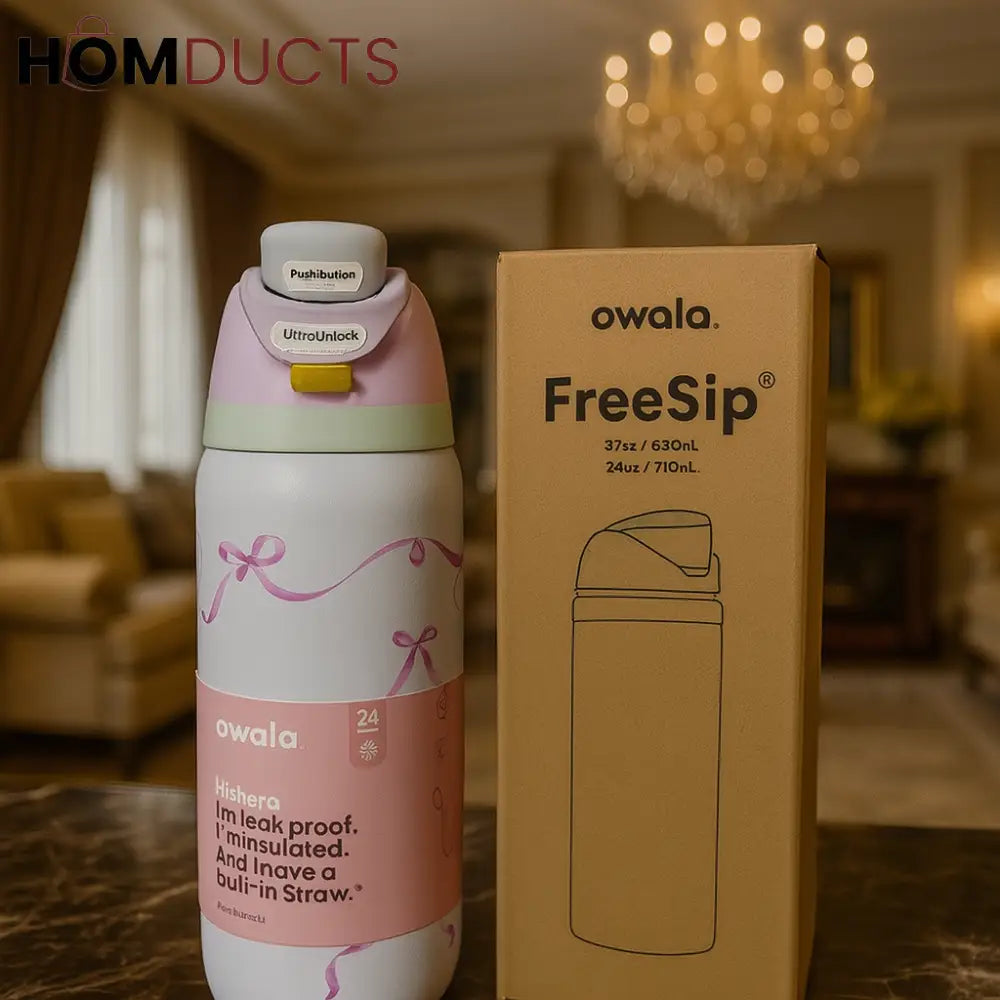 Owala Stainless Steel Insulated Water Bottle with Built-In Straw – Leak-Proof & BPA-Free – Pastel Pink & White
