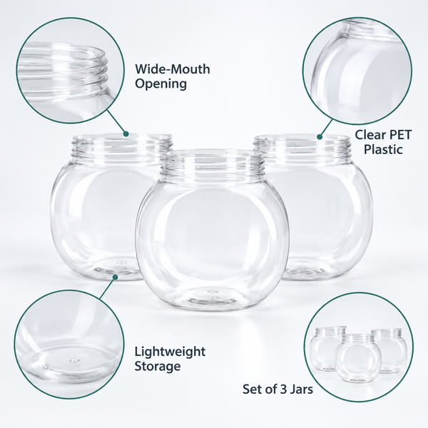 3-Piece Clear PET Plastic Multipurpose Storage Jar Set feature details