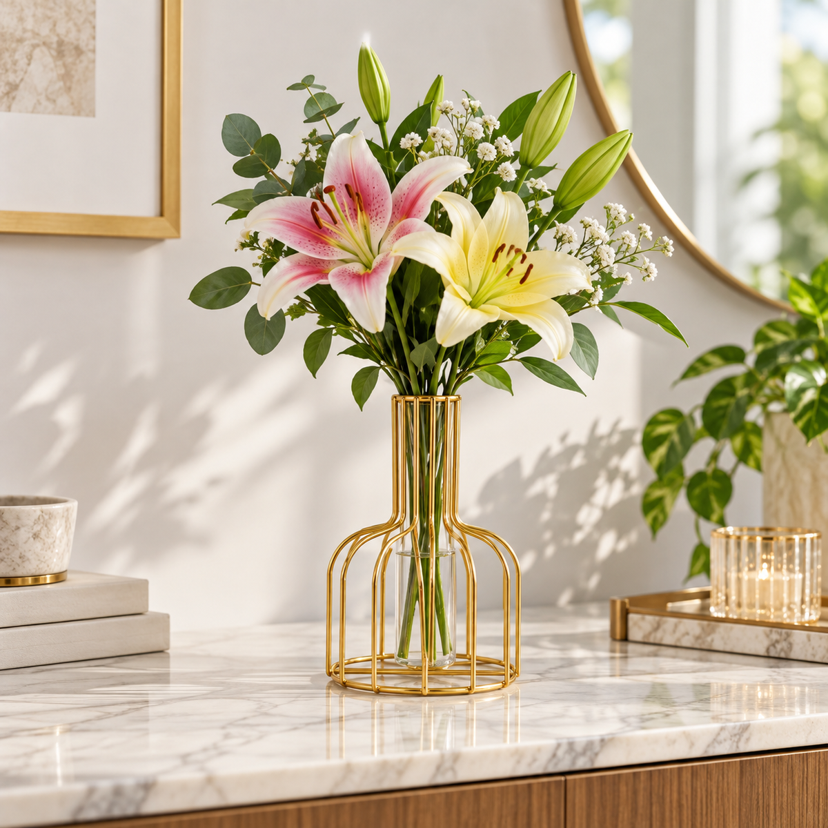 Gold metal wire flower vase