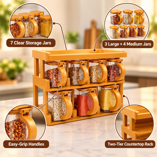 7-Piece Master Chef Spice Jar Rack Set with Easy-Grip Handles feature details