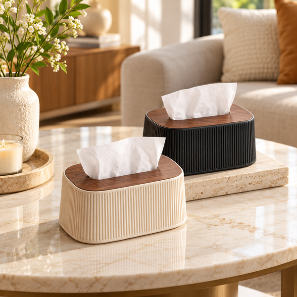 Minimalist Ribbed Tissue Box with Wood-Look Lid lifestyle image