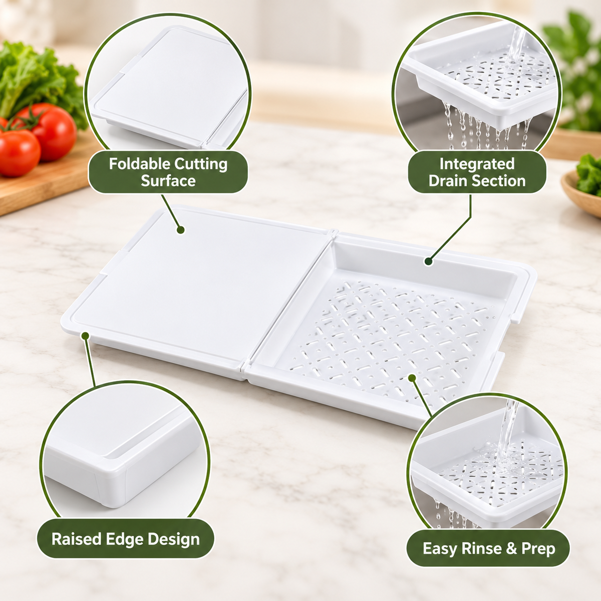 2-in-1 Cutting Board with Integrated Drain Basket feature details