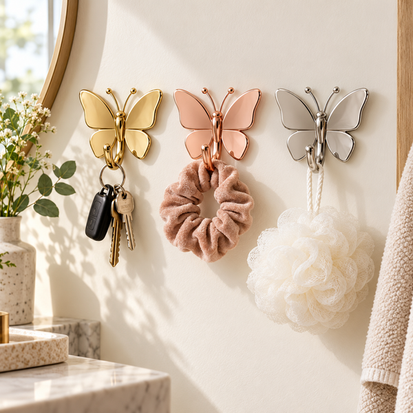 Butterfly adhesive wall hooks in metallic finishes