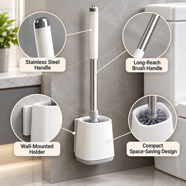 Adhesive Wall-Mounted Toilet Brush with Stainless Steel Handle feature details