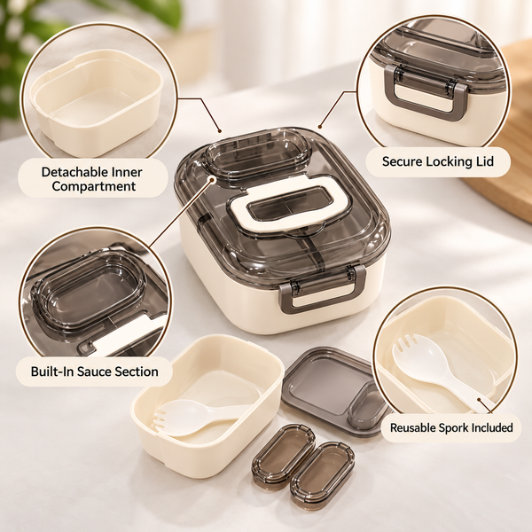 Multi-Layer Lunch Box with Detachable Compartment & Spork feature details