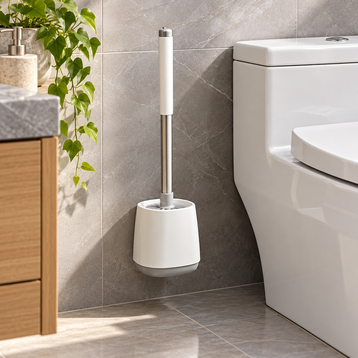 Adhesive Wall-Mounted Toilet Brush with Stainless Steel Handle lifestyle image