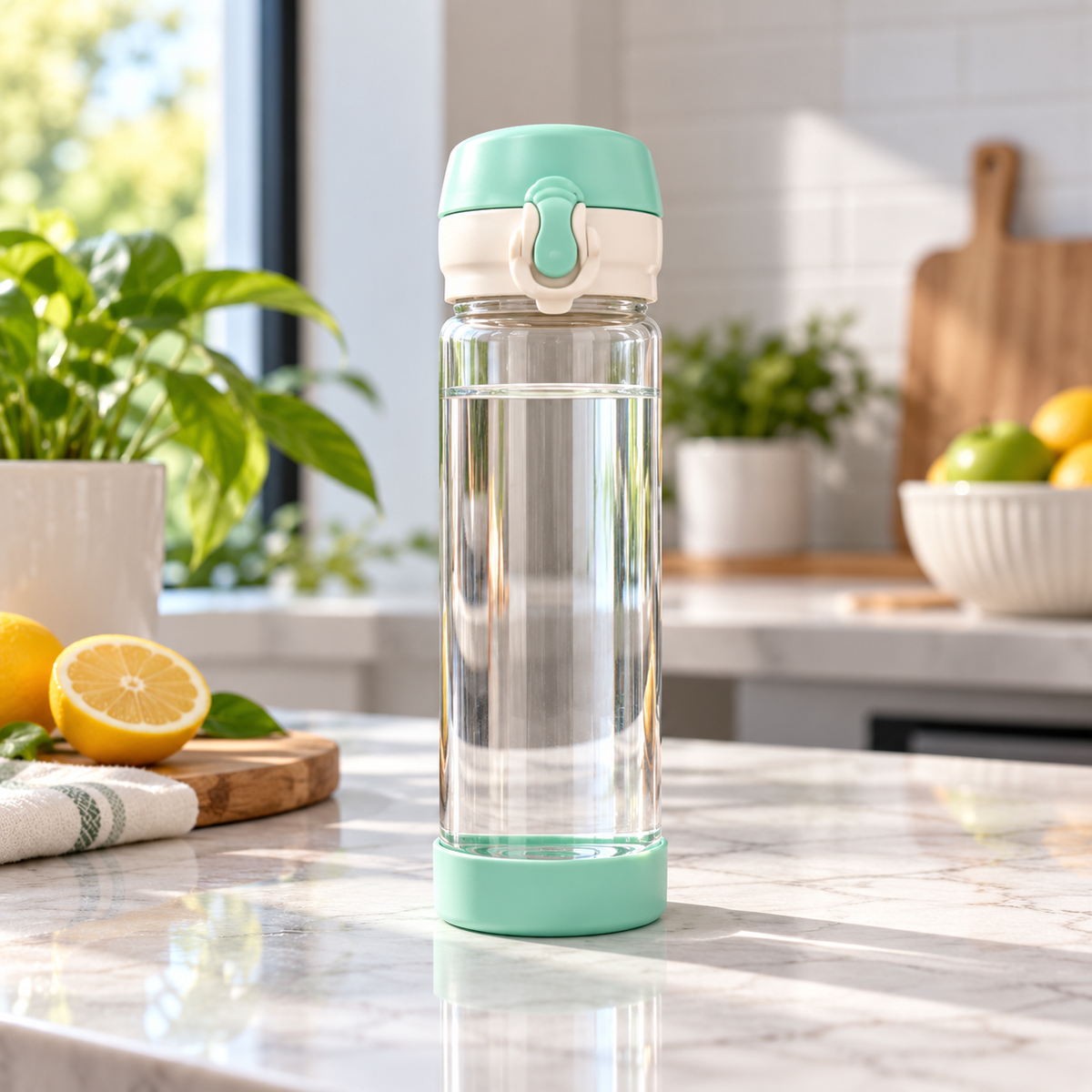 Bosheng 480ml Glass Water Bottle with Flip-Top Lid lifestyle image
