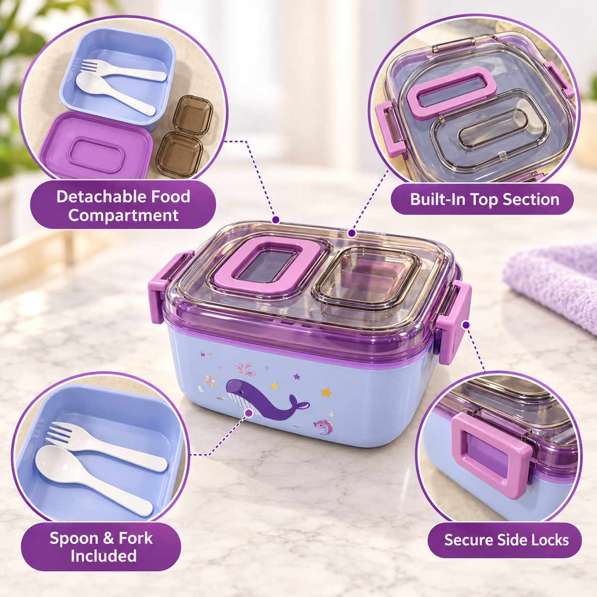 Square Lunch Box with Detachable Compartment, Spoon & Fork feature details