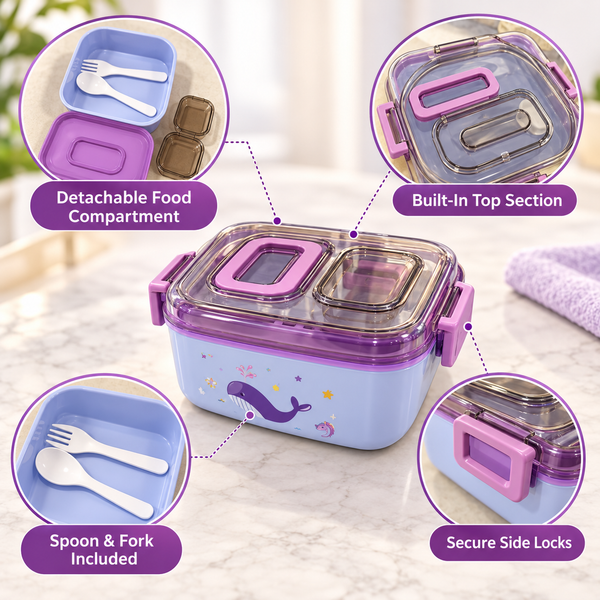 Square Lunch Box with Detachable Compartment, Spoon & Fork feature details