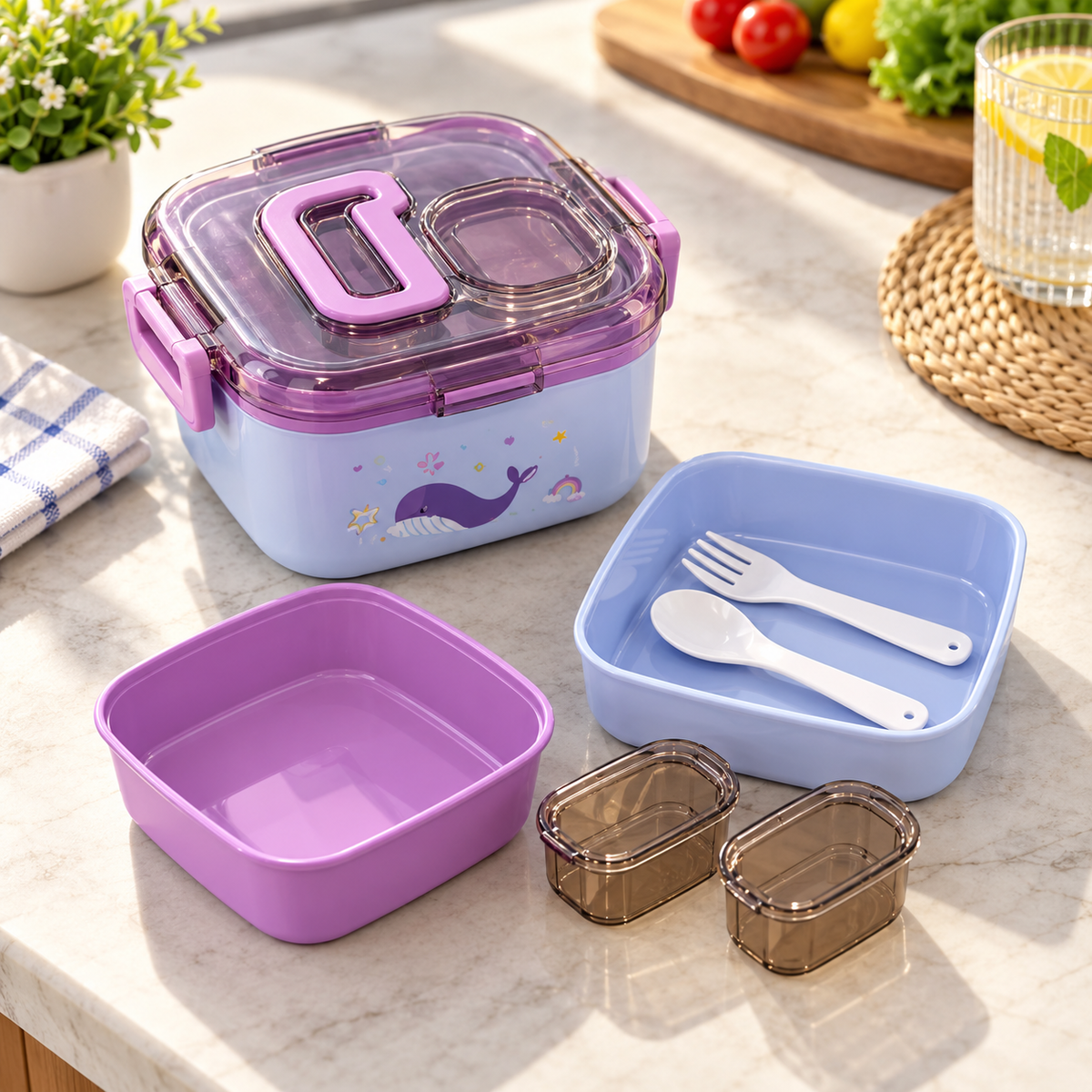 Square Lunch Box with Detachable Compartment, Spoon & Fork lifestyle image