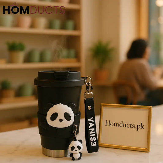 Panda Charm Thermo Cup – Matte Black Travel Mug with Strap & Keychain