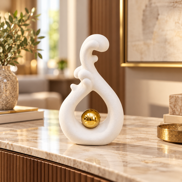 White parent and child abstract ceramic sculpture with gold sphere