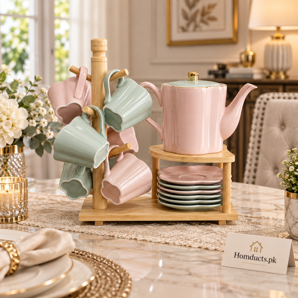 Pastel Cup & Saucer Tea Set with Wooden Stand – 15 Pieces