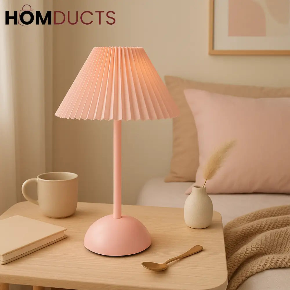 Pastel Pink Pleated Rechargeable Table Lamp – Scandinavian Minimalist Design