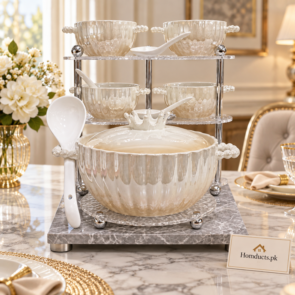 Pearlescent Soup Set with Stand – 16 Pieces